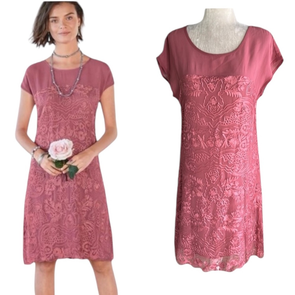 Sundance Lilian Rose Pink Embroidered Floral Voile Shift Dress - S